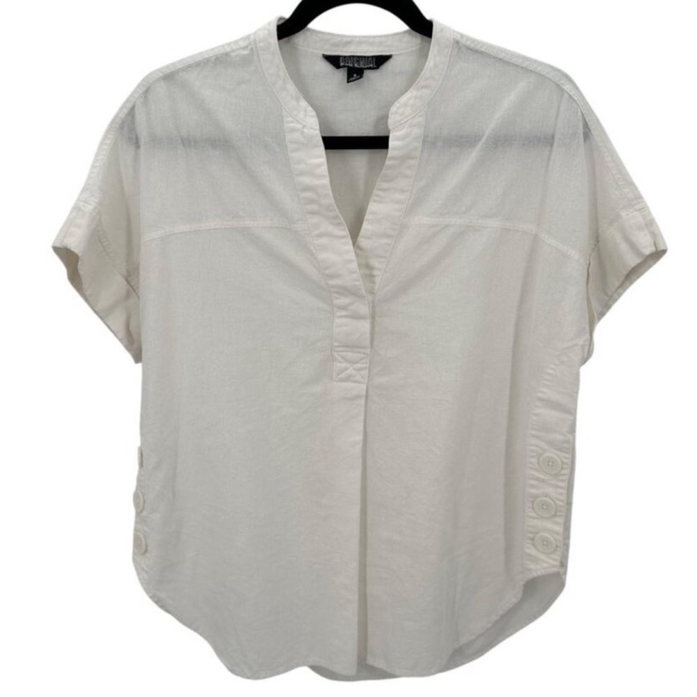 NICOLE MILLER White Linen Blend Short Sleeve Blouse, size S